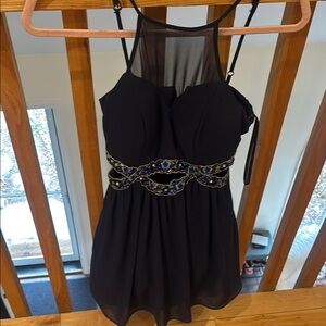 B Darlin Black and Silver Embellished Babydoll Mini Dress